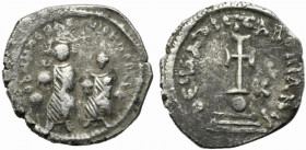 Heraclius with Heraclius Constantine (610-641). AR Hexagram (22mm, 5.43g). Constantinople, 615-638. Heraclius and Heraclius Constantine seated facing ...