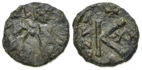 Heraclius (610-641). Æ 20 Nummi (14mm, 3.86g, 6h). Ravenna, year 25 ? (633/4). Heraclonas, wearing plain cap, and Heraclius and Heraclius Constantine,...