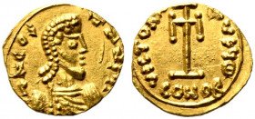 Constans II (641-668). AV Tremissis (12mm, 1.30g). Syracuse, c. 646-648. Diadmed, draped and cuirassed bust r. R/ Cross potent; Θ/CONOB. Sear 1096 var...