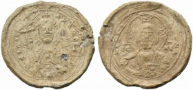 Constantine IX Monomachus ? (1042-1055). Pb Seal (32mm, 19.25g). Nimbate bust of Christ facing, holding book. R/ Facing bust of Constantine, holding c...