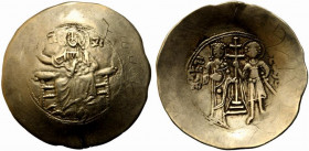 John II Comnenus (1118-1143). EL Aspron Trachy (32mm, 4.29g, 6h). Constantinople, 1122-43. Christ Pantokrator enthroned facing. R/ John and St. George...
