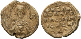 Byzantine Pb Seal, c. 11th-12th century (27mm, 9.11g). Nimbate bust of the Virgin, holding medallion with Christ. R/ Legend in four lines. VF