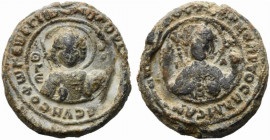 Byzantine Pb Seal, c. 11th-12th century (23.5mm, 10.90g). […]CVNЄO ΦωKЄωC ΓI[…], Nimbate bust of St. George, holding spear and shield. R/ Nimbate bust...