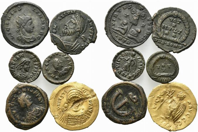 Lot of 6 Roman Imperial and Byzantine AV and Æ coins, to be catalog. Lot sold as...