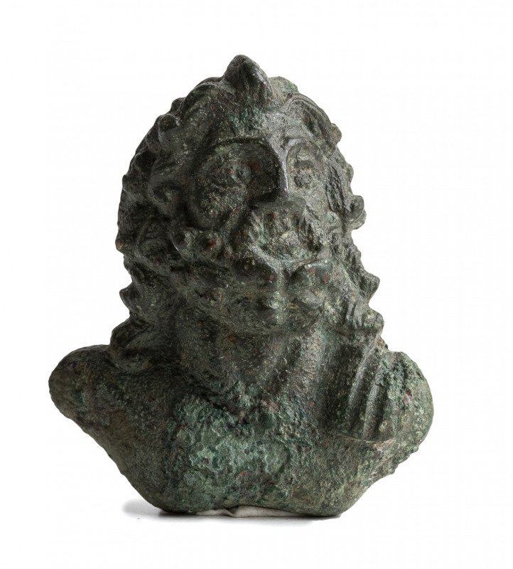 Roman bronze applique: bearded bust of Jupiter with drapery on left shoulder; ca...