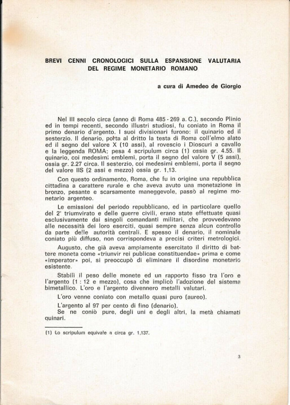 DE GIORGIO Amedeo. Brevi cenni cronologici sulla espansione valutaria del regime...