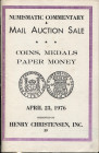 CHRISTENSEN H. – Madison, 23 – April, 1976. Coins, medals paper money. Pp. n.n., nn. 3029, tavv. 27. Ril. ed. buono stato.