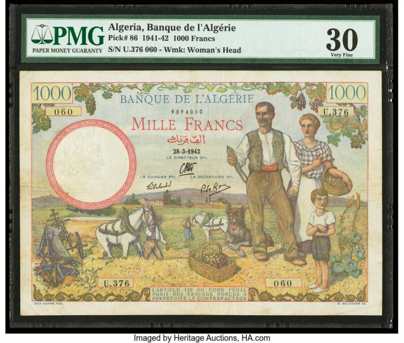 Algeria Banque de l'Algerie 1000 Francs 28.3.1942 Pick 86 PMG Very Fine 30. Pinh...