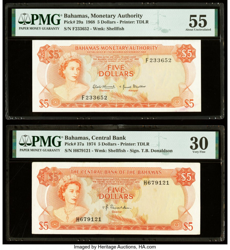 Bahamas Monetary Authority 5 Dollars 1968; 1974 Pick 29a; 37a Two Examples PMG A...