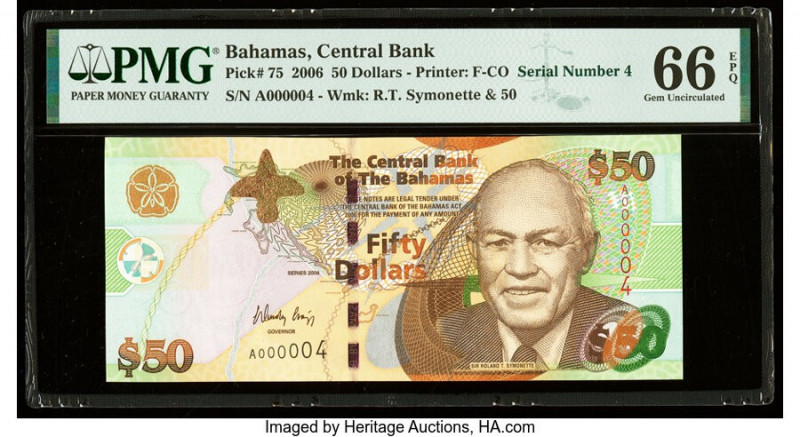Low Serial Number 000004 Bahamas Central Bank 50 Dollars 2006 Pick 75 PMG Gem Un...
