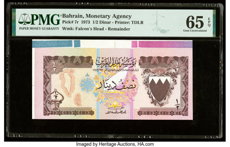 Bahrain Monetary Agency 1/2 Dinar 1973 Pick 7r Remainder PMG Gem Uncirculated 65...