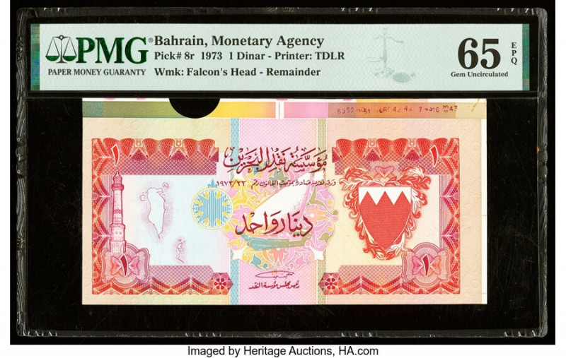 Bahrain Monetary Agency 1 Dinar 1973 Pick 8r Remainder PMG Gem Uncirculated 65 E...