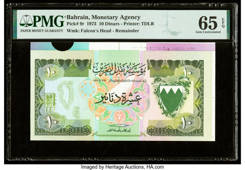 Bahrain Monetary Agency 10 Dinars 1973 Pick 9r Remainder PMG Gem Uncirculated 65...