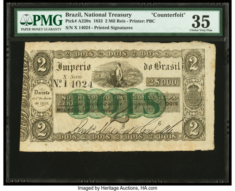 Brazil Thesouro Nacional 2 Mil Reis 1.6.1833 Pick A220x Counterfeit PMG Choice V...
