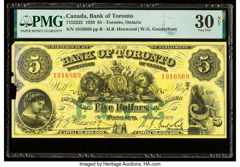 Canada Toronto, ON- Bank of Toronto $5 1.10.1929 Ch.# 715-22-22 PMG Very Fine 30...