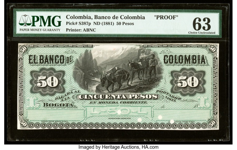 Colombia Banco de Colombia 50 Pesos 1881 Pick S387p Proof PMG Choice Uncirculate...