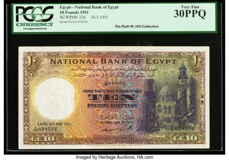 Egypt National Bank of Egypt 10 Pounds 16.5.1951 Pick 23d PCGS Very Fine 30PPQ. ...