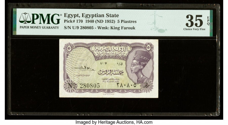 Egypt Egyptian State 5 Piastres 1940 (ND 1952) Pick 170 PMG Choice Very Fine 35 ...