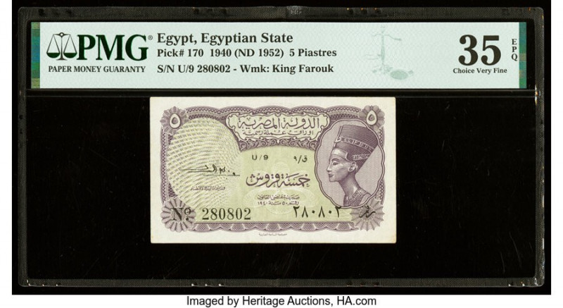 Egypt Egyptian State 5 Piastres 1940 (ND 1952) Pick 170 PMG Choice Very Fine 35 ...