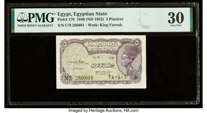 Egypt Egyptian State 5 Piastres 1940 (ND 1952) Pick 170 PMG Very Fine 30. 

HID0...