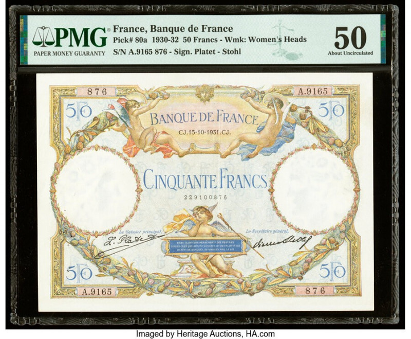 France Banque de France 50 Francs 15.10.1931 Pick 80a PMG About Uncirculated 50....