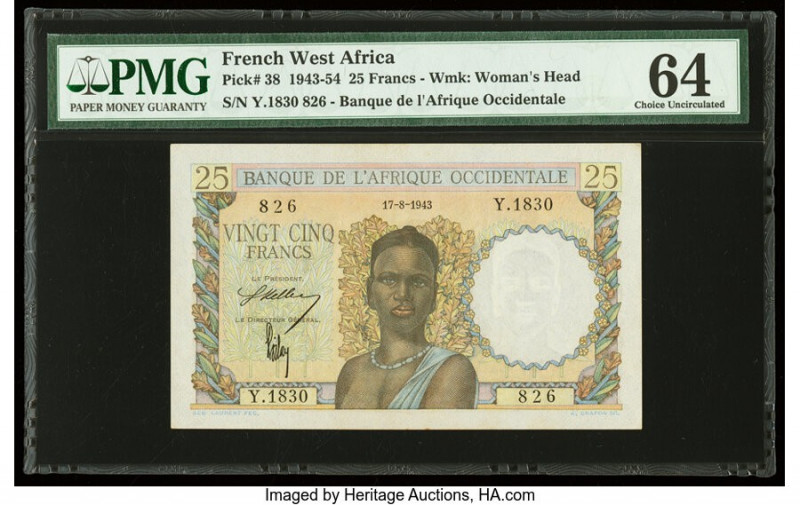 French West Africa Banque de l'Afrique Occidentale 25 Francs 17.8.1943 Pick 38 P...
