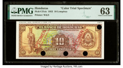 Honduras Banco de Honduras 10 Lempiras 11.2.1932 Pick 37cts Color Trial Specimen PMG Choice Uncirculated 63. Red Specimen overprints, four POCs and pr...