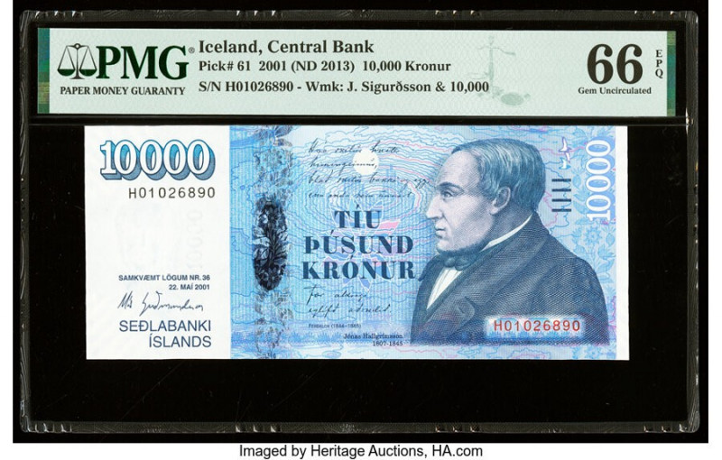 Iceland Central Bank of Iceland 10,000 Kronur 22.5.2001 (ND 2013) Pick 61 PMG Ge...