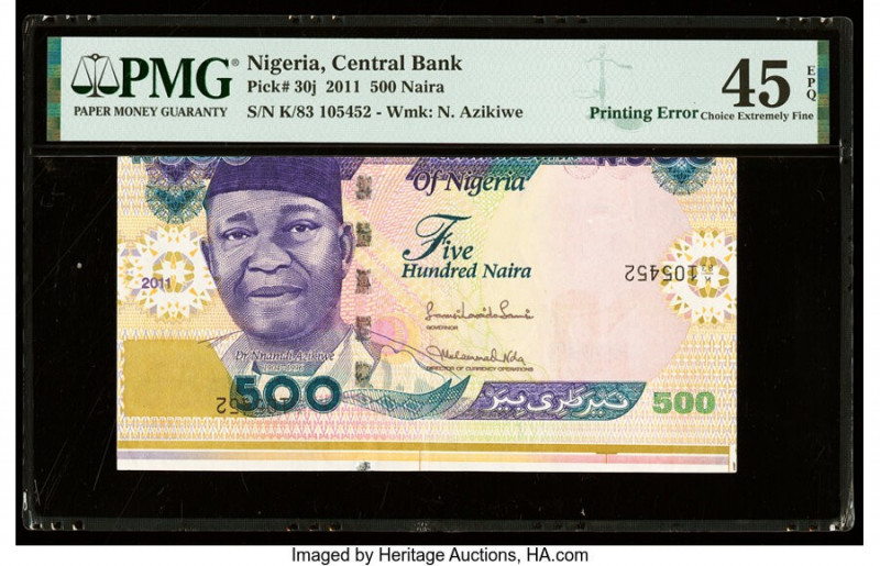 Printing Error Nigeria Central Bank of Nigeria 500 Naira 2011 Pick 30j PMG Extre...