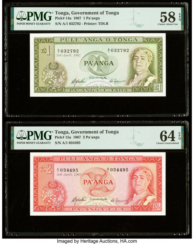 Tonga Government of Tonga 1; 2 Pa'anga 3.4.1967 Pick 14a; 15a Two Examples PMG C...