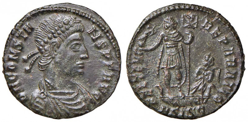 Costante (337-361) Follis (Siscia) Busto diademato a d. - R/ L’imperatore su nav...