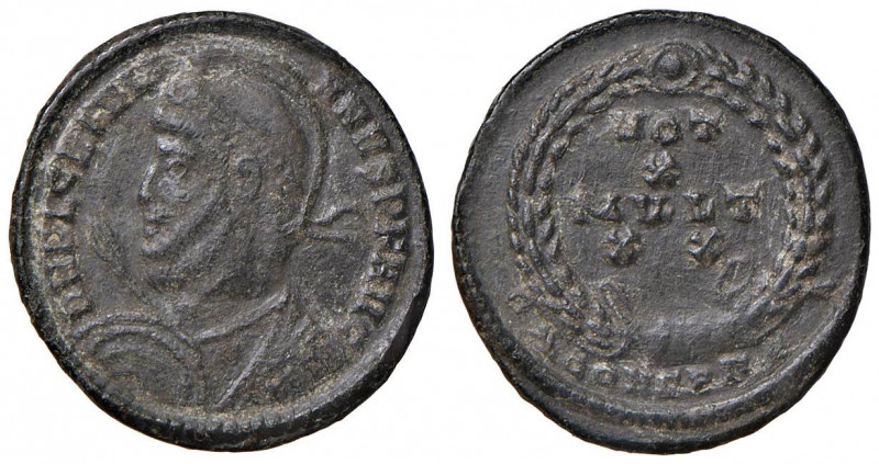 Giuliano II (361-363) Follis (Costantinopoli) Busto elmato a s. - R/ Scritta in ...