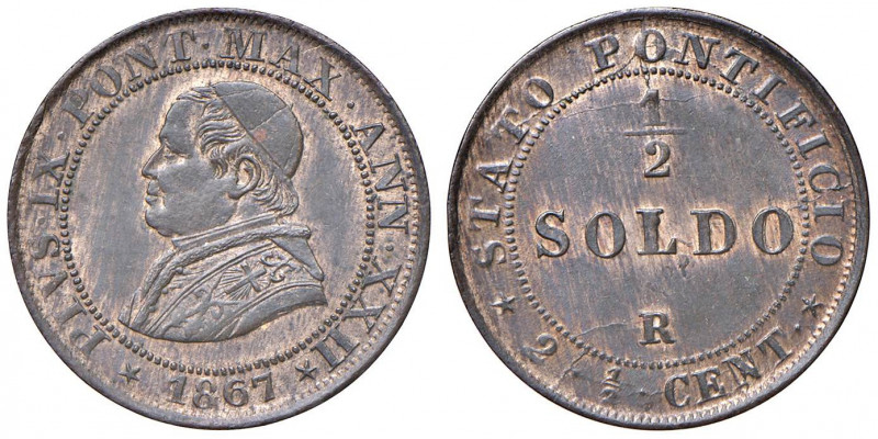 Pio IX (1846-1878) Mezzo soldo 1867 A. XXII - Nomisma 906 CU (g 2,53) Zone di ra...