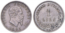 Vittorio Emanuele II (1861-1878) Lira 1863 T valore - Nomisma 918 AG RRR Colpetto al bordo ed una modesta macchia al R/ ma piacevole esemplare di ques...