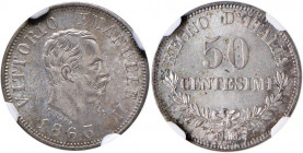 Vittorio Emanuele II (1861-1878) 50 Centesimi 1863 N valore - Nomisma 926 AG in slab NGC MS65 2821721-008