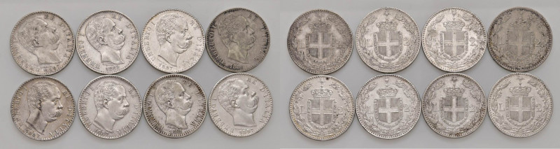 Umberto I (1878-1900) Lotto di 8 pezzi da 2 lire in AG come da foto da esaminare...