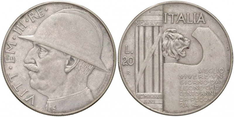 Vittorio Emanuele III (1900-1946) 20 Lire 1928 Elmetto - Nomisma 1093 AG Sigilla...