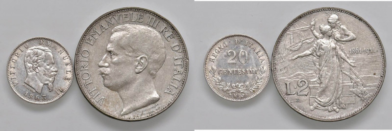 Vittorio Emanuele III (1900-1946) 2 Lire 1911 Cinquantenario, 20 Centesimi 1863 ...