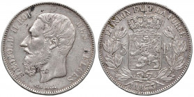 BELGIO Leopoldo II (1865-1909) 5 Franchi 1873 - KM 24 AG (g 24,90)