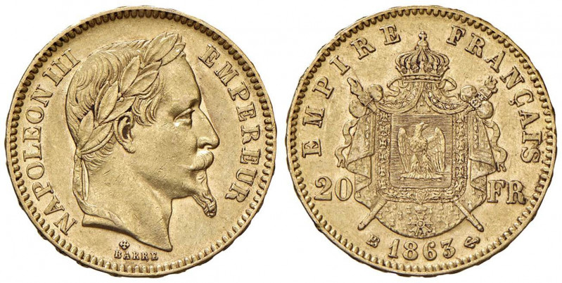 FRANCIA Napoleone III (1852-1870) 20 Franchi 1863 BB - Gad. 1052 AU (g 6,44) Mod...