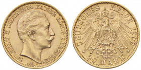 GERMANIA Prussia Guglielmo II (1888-1918) 20 Marchi 1909 - Fr. 3831 AU (g 7,96) Minimo colpetto al bordo