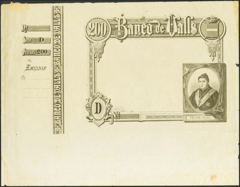 200 Pesetas. (1892ca). Banco de Valls. Prueba de Impresión, con matriz a la izqu...