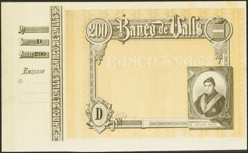 200 Pesetas. (1892ca). Banco de Valls. Prueba de Impresión, con matriz a la izqu...