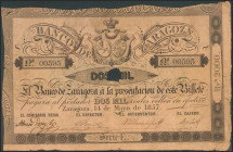 2000 Reales. 14 de Mayo de 1857. Banco de Zaragoza. Serie E. Con taladro y sin firmas. (Edifil 2021: 130A). Raro. MBC+.