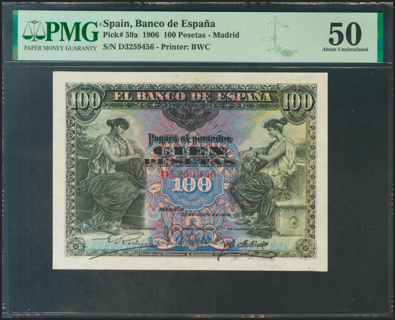 100 Pesetas. 30 de Junio de 1906. Serie D, última serie emitida. (Edifil 2021: 3...