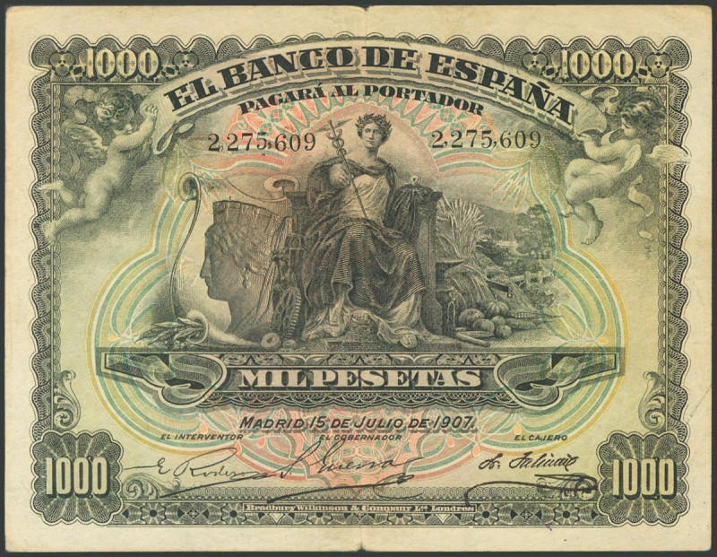 1000 Pesetas. 15 de Julio de 1907. Sin serie. (Edifil 2017: 322). Billete sin re...