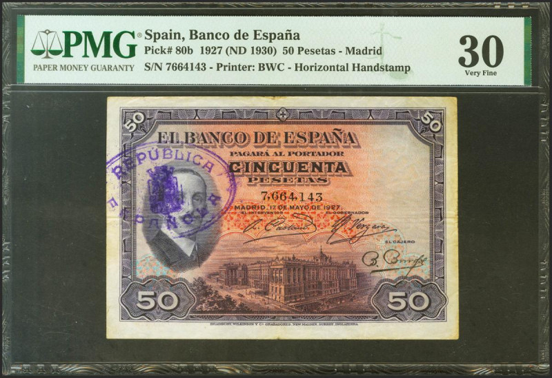 50 Pesetas. 17 de Julio de 1927. Sin serie y sello de caucho REPUBLICA / ESPAÑOL...