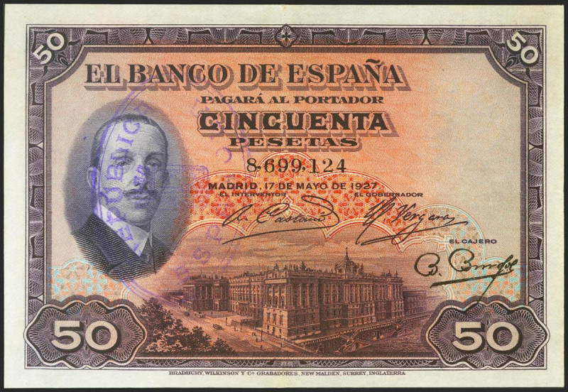 50 Pesetas. 17 de Mayo de 1927. Sin serie y sello de cartucho REPUBLICA / ESPAÑO...