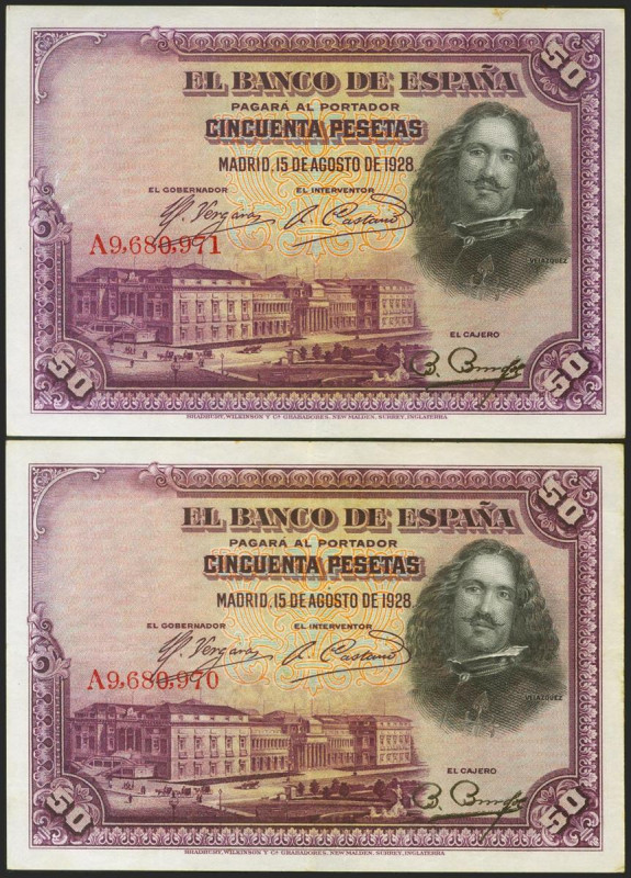 50 Pesetas. 15 de Agosto de 1928. Pareja correlativa. Serie A y numeración poste...