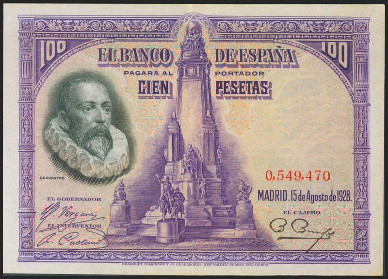 100 Pesetas. 15 de Agosto de 1928. Sin serie. (Edifil 2021: 355). Conserva parte...